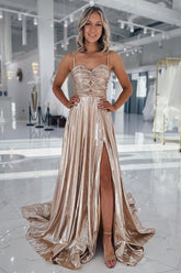 Metallic Gold Prom Dress A Line Spaghetti Straps Formal Dress With Slit